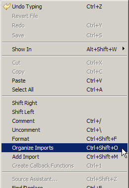The menu contains an option for Organize Imports.