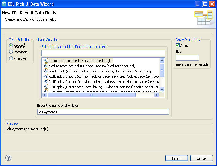 The New EGL Rich UI Data Fields wizard