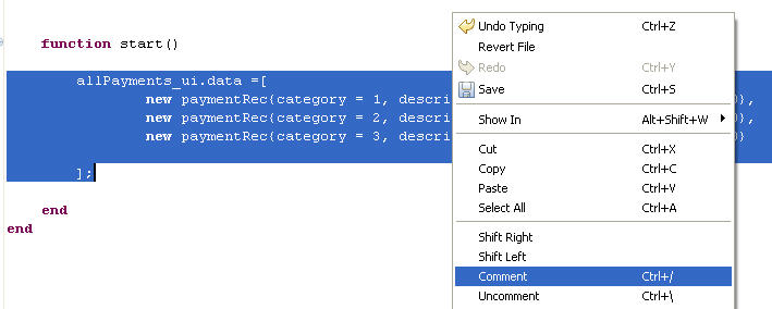 The selection of code and the Comment menu item