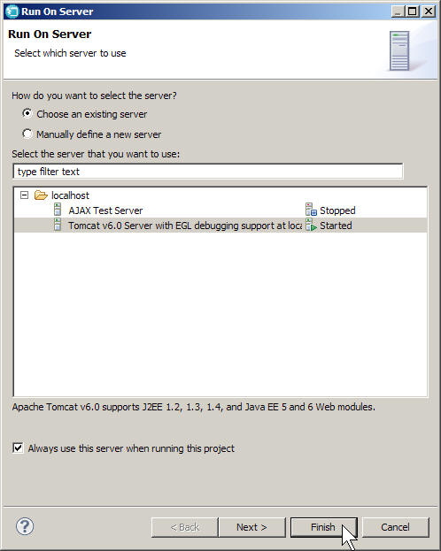 The Run On Server window for Tomcat