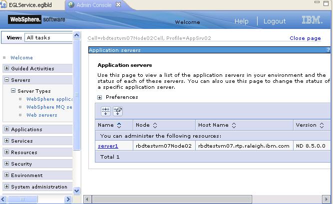 List of servers in the administrative console