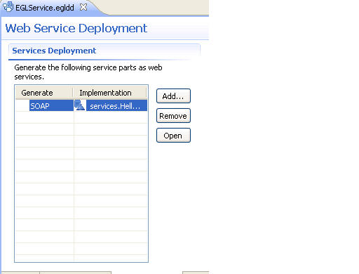 The EGL web service deployment tab