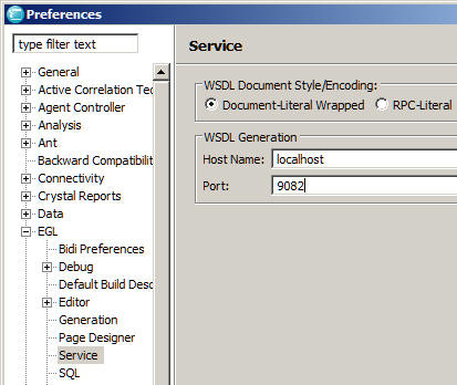 The Service preference shows the same port number for WSDL generation as the server does.