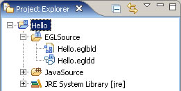The Project Explorer window shows folders for EGLSource, JavaSource, and a number of folders that add functionality to Eclipse.