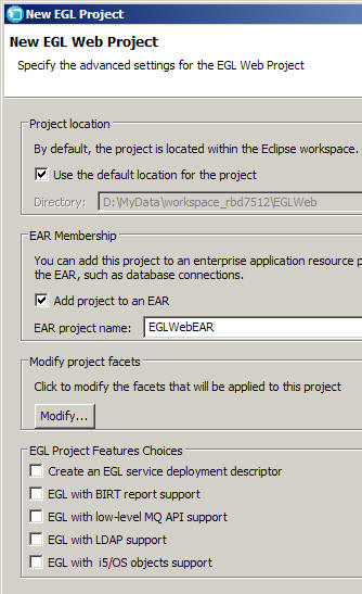 Picture of the New EGL Web Project window using WebSphere Application Server