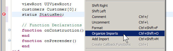 The wavy red line under StatusRec and the drop-down menu showing the Organize Imports option.