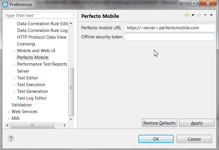 Perfecto preferences: URL of the cloud used to run the test and security token obtained on the Perfecto Lab site.