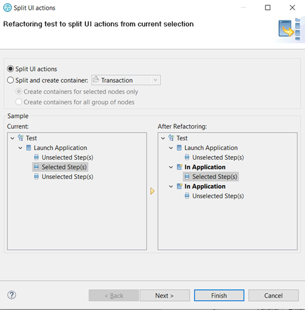 Refactoring test to split actions