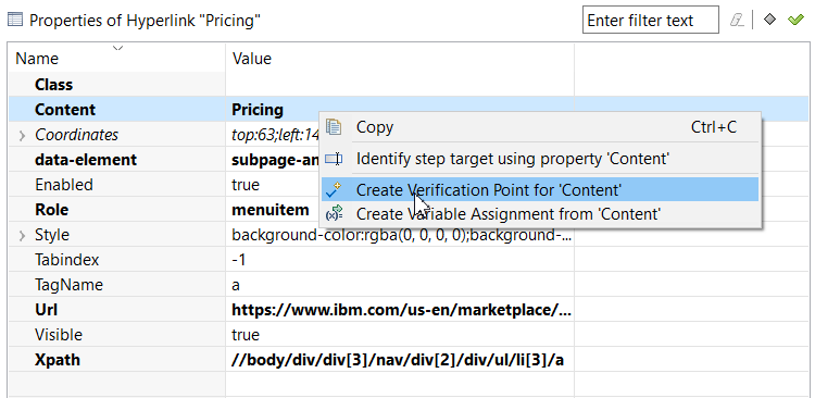 Properties for test step