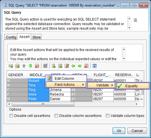 Field actions menu for a column