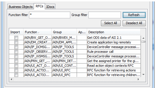 SAP System window, RFCs tab