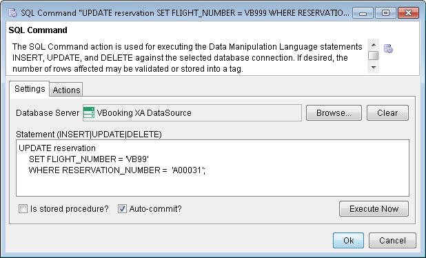 SQL Command Action dialog box