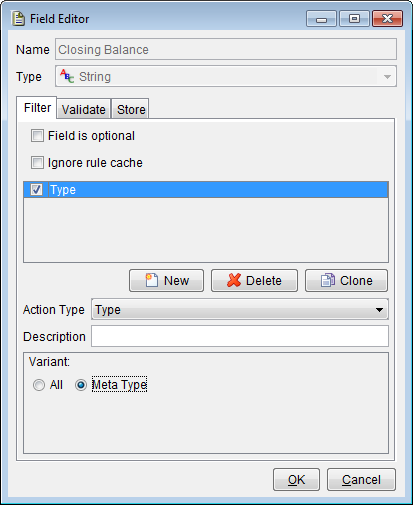 The Filter page of the Field Editor, with a Type action set for Meta Type.