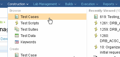 Construction menu of Rational Quality Manager