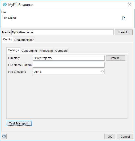 Image of the configuring the physical file transport dialog.