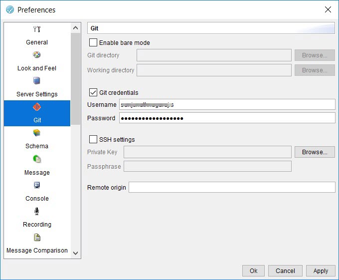 The git preferences window.