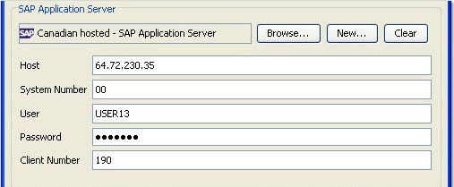 SAP System window, physical server connection details