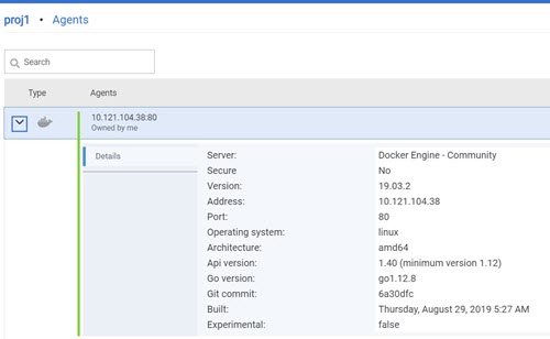 Image of the agents page showing the docker details panel.