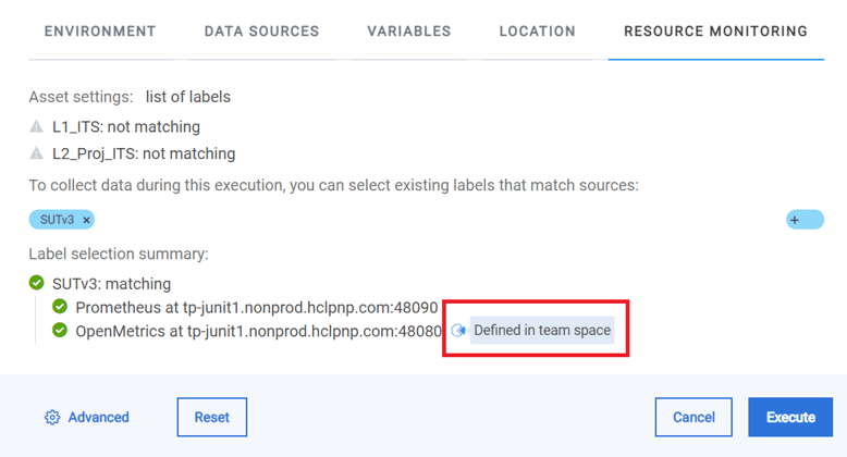 Resource Monitoring tab where you select labels that are matching the sources