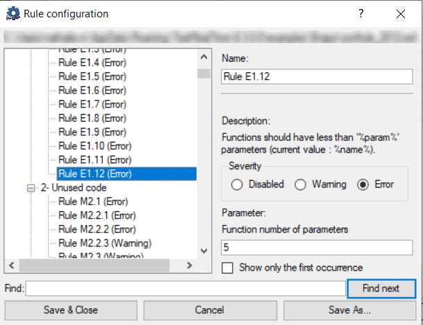 Misra rules configuration settings