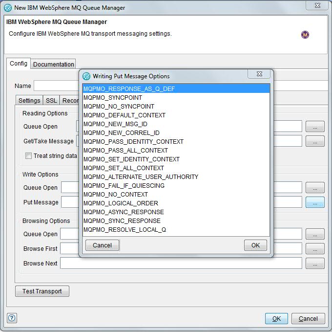 The Options page of the MQ transport.