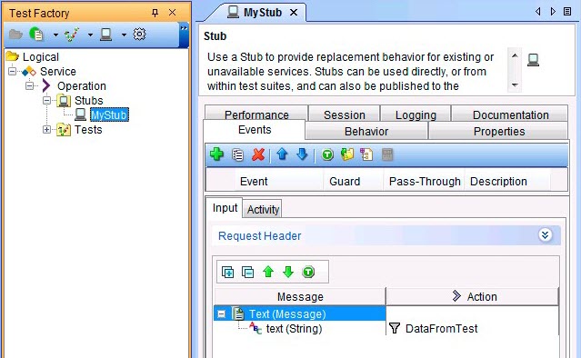 Image of the Stub panel from Test Factory perspective.