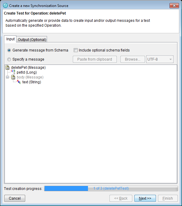 The Create Test page shows the source for the Input and optional Output messages.