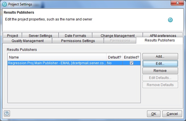 Results Publishers tab in Project Settings window.