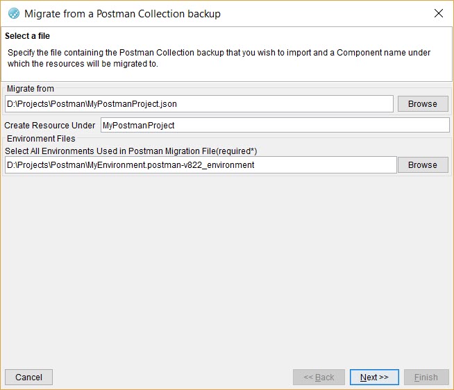 Image of the select Postman collection file dialog.