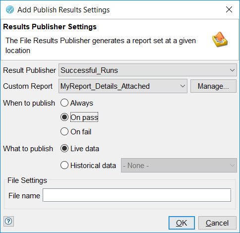 Image of the Add Publish Results Settings window.