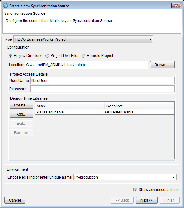 BusinessWorks project sync source wizard