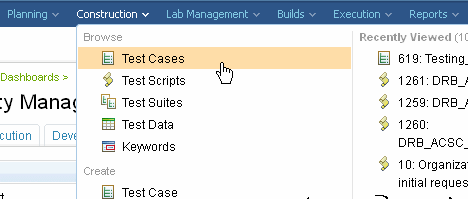 Construction menu of Rational Quality Manager