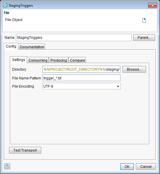 Image of the configuring the physical file transport dialog box.