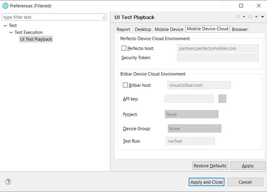 Entering Perfecto mobile cloud credentials