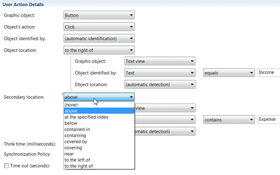 Object locator and secondary location fields with the list of secondary location operators open (for Android apps here)