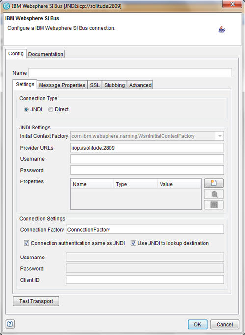 IBM WebSphere SI BUS transport window