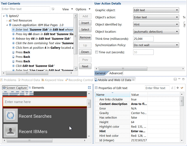 Four views in test editor