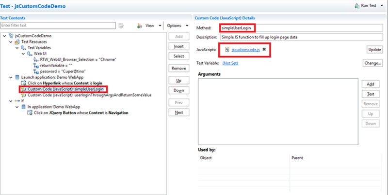 Adding JavaScript code in the WebUI test