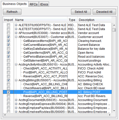 SAP System window, Business Objects tab