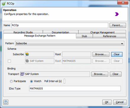 Operation window, Subscribe action for recording SAP IDoc-types (example)