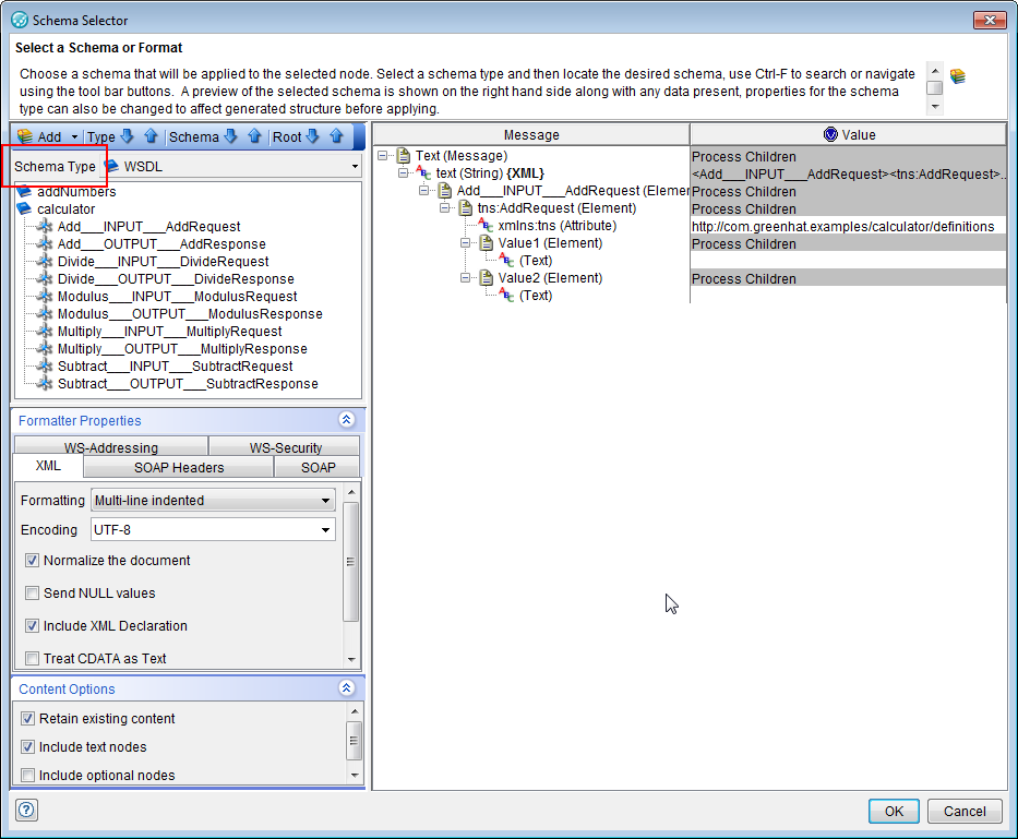 Roots are displayed for the WSDL schema type.