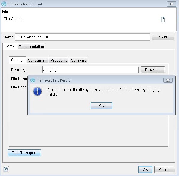 Image of the result screen for an SFTP when Test Transport is clicked.