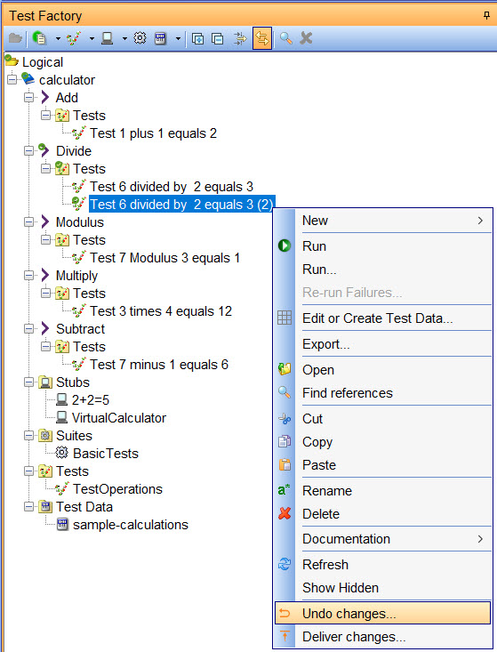 image showing the test factory view with the changed file