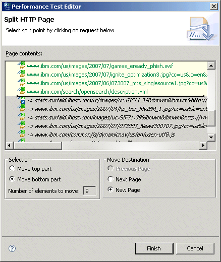 Split HTTP page window, where you can select the location of the split.t