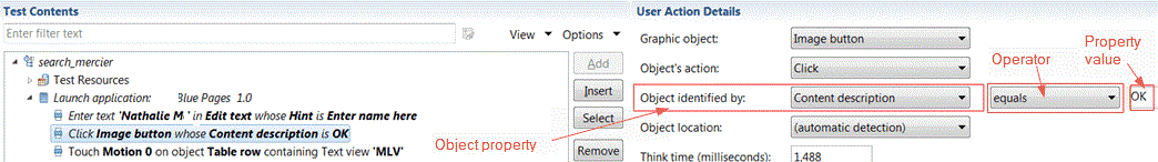 Test editor, step selected with corresponding object property, operator, and property value.