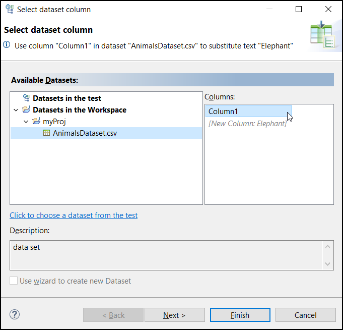 image of the Select dataset column dialog