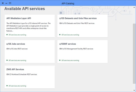 The image shows the Zowe API Catalog with some examples of the available API services to be used.