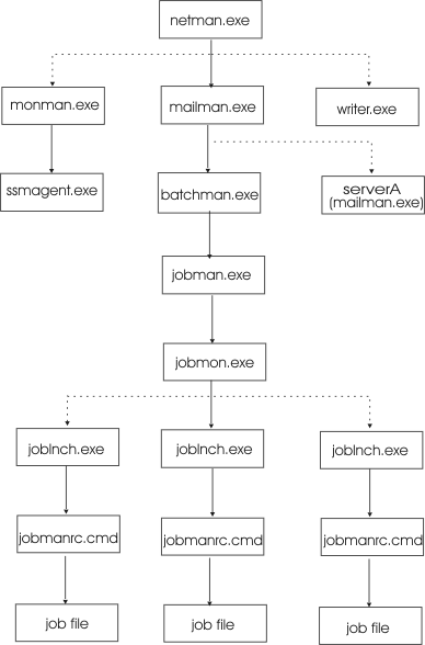 This picture displays the IBM Workload Scheduler process tree in Windows workstations.