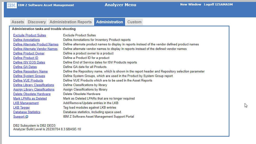 Screenshot of the Administration tab in the Analyzer online, including links to each Administration query.