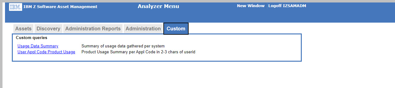Screenshot of the Custom tab of the Analyzer online, including links to the two custom queries that are provided with